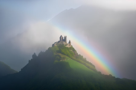 Church of St. Francis of Assisi on the top of a mountain with a rainbowの素材