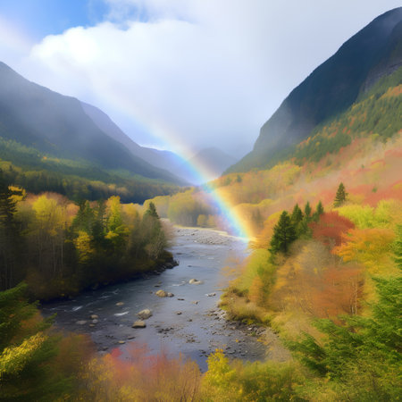 Beautiful autumn landscape with mountain river and rainbow in the sky.の素材