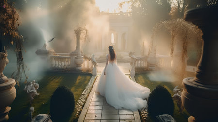 Beautiful bride in a white wedding dress in a park with a fountainの素材