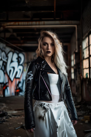 Portrait of a beautiful girl in a black leather jacket and white skirt in an abandoned factoryの素材