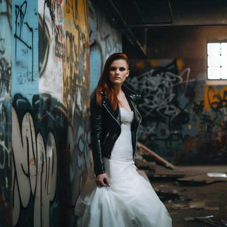 Fashionable redhead girl in a white wedding dress and a leather jacket posing in an abandoned building.の素材