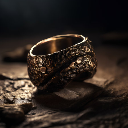 Wedding rings on rustic wooden table. Selective focus.の素材