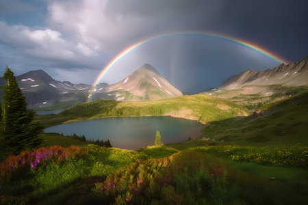 Rainbow over a mountain lake in the summer, 3d renderの素材