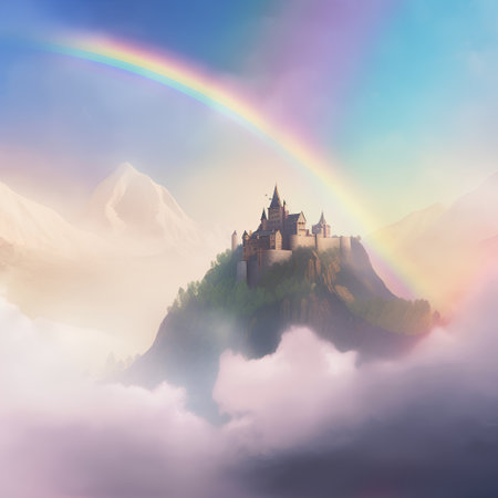Fantasy landscape with castle and rainbow in the sky. 3D renderingの素材
