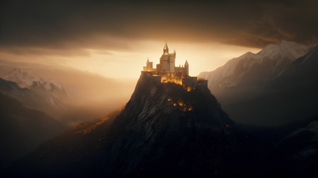 Fantasy landscape with castle and mountains at sunset. 3d renderの素材