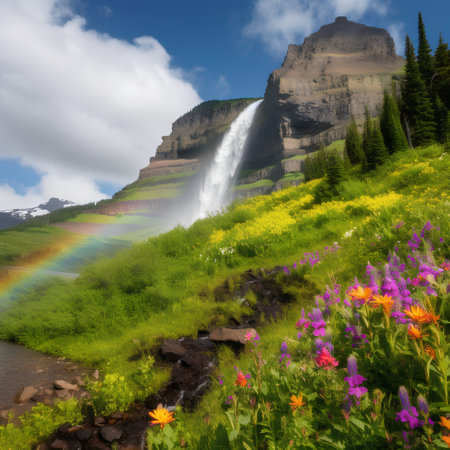 Glacier National Park, Montana, USA. Rainbow over the waterfalls.の素材