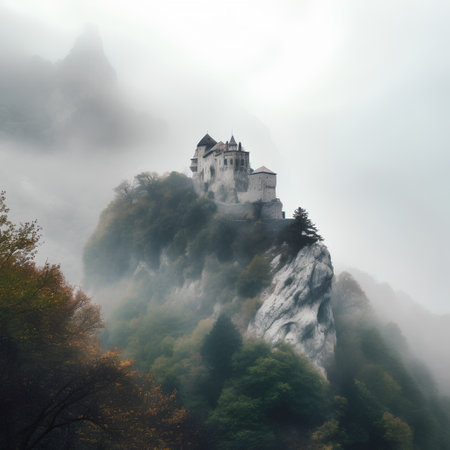 Panoramic view of the medieval castle on a foggy dayの素材