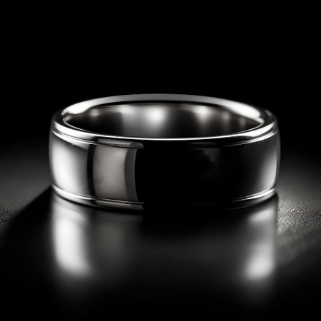 Black and white photo of a silver ring on a dark background.の素材