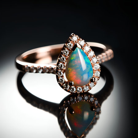 Wedding ring with gemstone on a black background. Studio shot.の素材