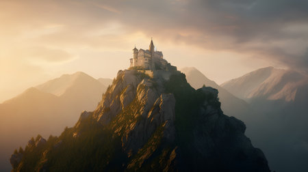 Beautiful medieval castle on the top of the mountain at sunset.の素材