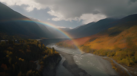 Rainbow over the river in the autumn mountains. Siberia, Russiaの素材