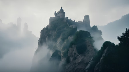 Foggy morning over the medieval castle of Montserrat, Catalonia, Spainの素材