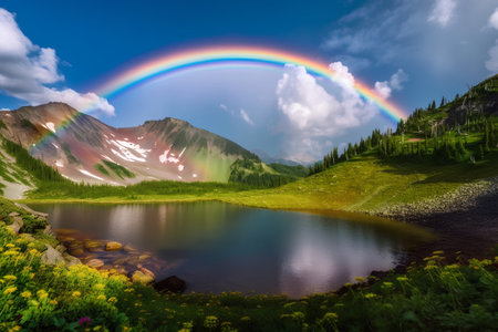 Rainbow over the mountain lake in the mountains. Summer landscape.