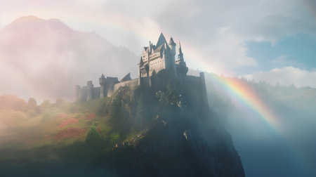 Fantasy landscape with castle in fog and rainbow. 3D renderingの素材
