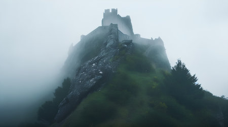 Foggy view of the ruin of the medieval castle in the mountainsの素材