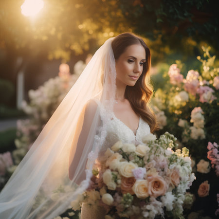 Beautiful bride in a wedding dress with a bouquet of flowersの素材