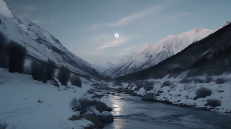 Winter landscape with a river in the mountains and the moon in the skyの素材