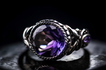Jewelry ring with amethyst on a black background close upの素材