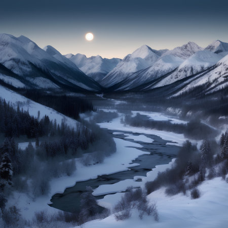 Beautiful winter landscape with river and snow-capped mountains at sunsetの素材