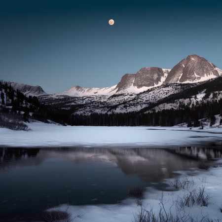 winter landscape with mountain lake and moon in blue sky, Rocky Mountains, Coloradoの素材