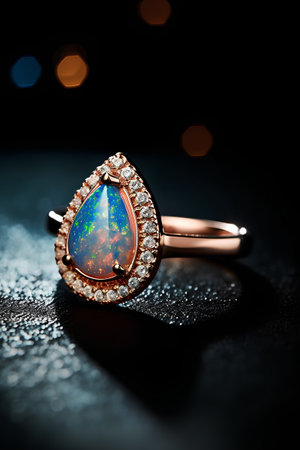 Jewelry ring with precious stones on a dark background with bokehの素材