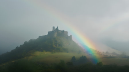 Castle on the hill with rainbow in foggy morning, UKの素材