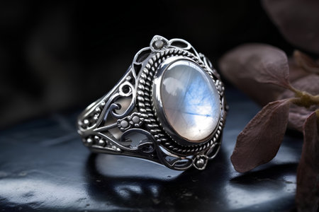 Jewelry silver ring with gemstone on a black background.の素材