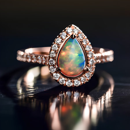 Jewelry ring with precious stones on a dark background close upの素材