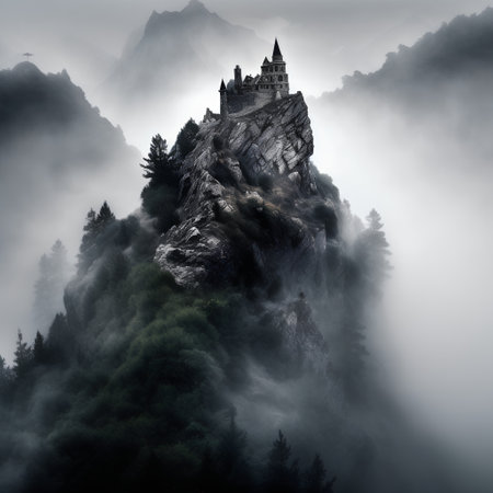 Old castle on the rock in foggy mountains. 3d renderingの素材