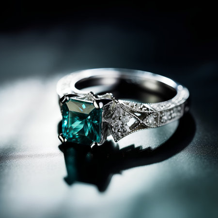 Jewelry ring with emerald on a black background. Close up.の素材