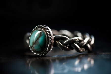 Jewelry ring with green malachite on a black backgroundの素材