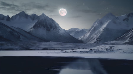 Winter landscape with lake and mountains in the moonlight. 3d renderingの素材