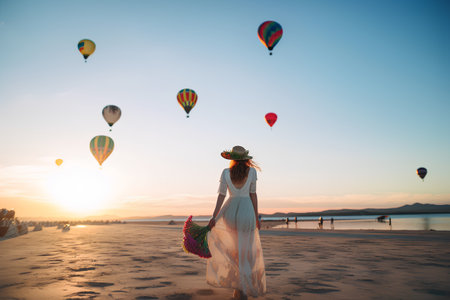 Beautiful woman in white dress and hat with bouquet of flowers on the beach at sunsetの素材