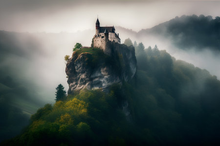 Old castle on the top of a rock in the foggy valleyの素材