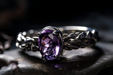 Jewelry ring with amethyst on a dark background close upの素材