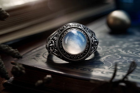 Vintage silver ring on a book. Shallow depth of field.の素材