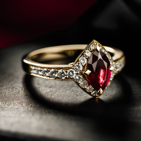 wedding ring with red ruby on a black background close upの素材