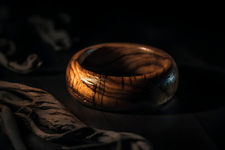 Wooden bowl on a dark wooden background. Selective focus.の素材