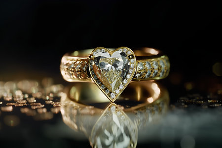 Jewelry diamond ring with reflection on black background. Love concept.の素材