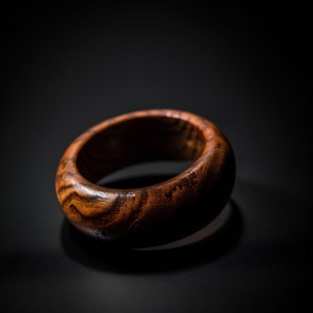 Wooden ring on a black background. Jewelry and accessories.の素材