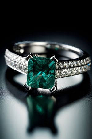 Jewelry ring with green emerald on a black background.の素材
