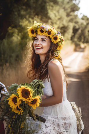 Beautiful young woman in a wreath of sunflowers on the bikeの素材