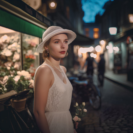 Beautiful girl in a hat with flowers in the city at nightの素材