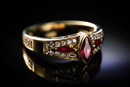 Jewelry ring with a red gemstone on a black backgroundの素材