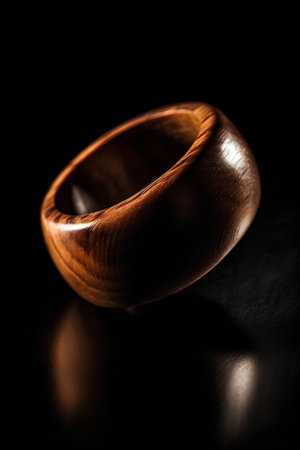 Wooden bowl on a black background, close-up, selective focusの素材