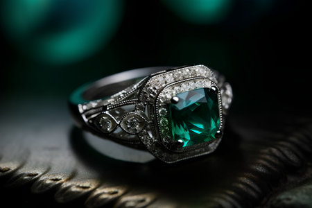 Jewelry ring with green emerald on a black background.の素材