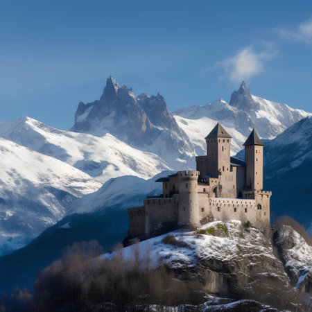 Panoramic view of the medieval castle in Svaneti, Georgiaの素材
