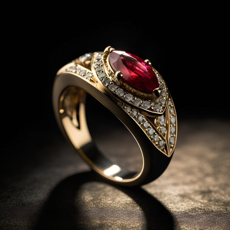 Ring with red sapphire on a dark background close-upの素材