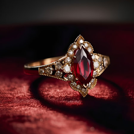 Jewelry ring with red sapphire on a red backgroundの素材