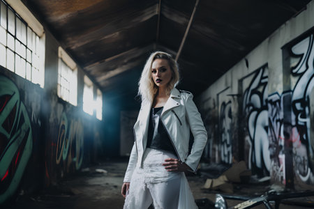 Beautiful girl in a white leather jacket posing in an abandoned factoryの素材